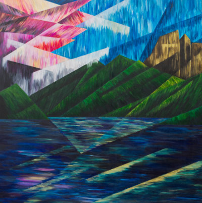 A painting of Slocan Lake from Silverton, BC