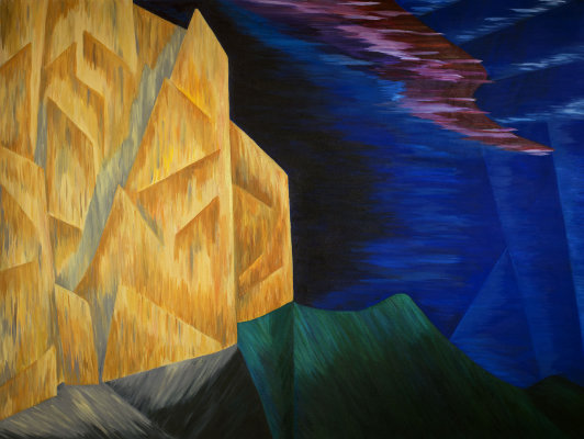 A painting of Mount Yamnuska in the Canadian Rockies